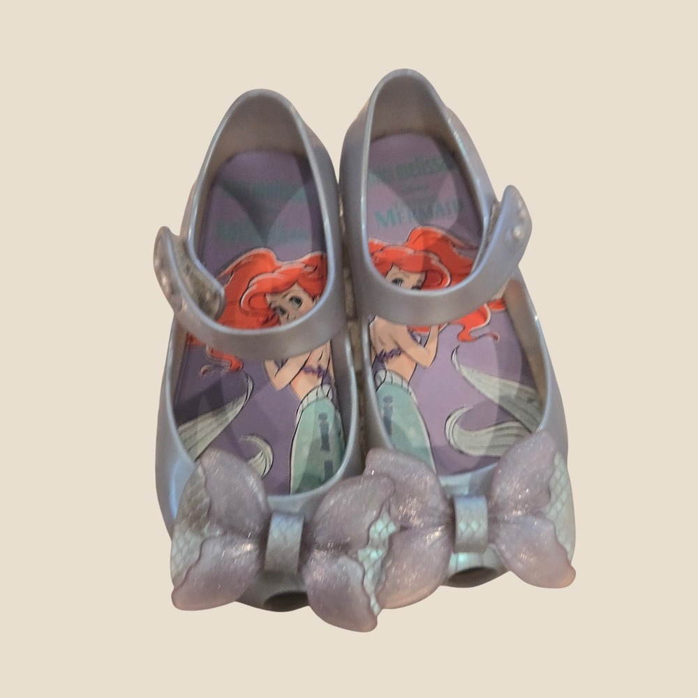 Mini Melissa Disney Little Mermaid Ariel Silver Glitter Bow Flats Kids Size 9c